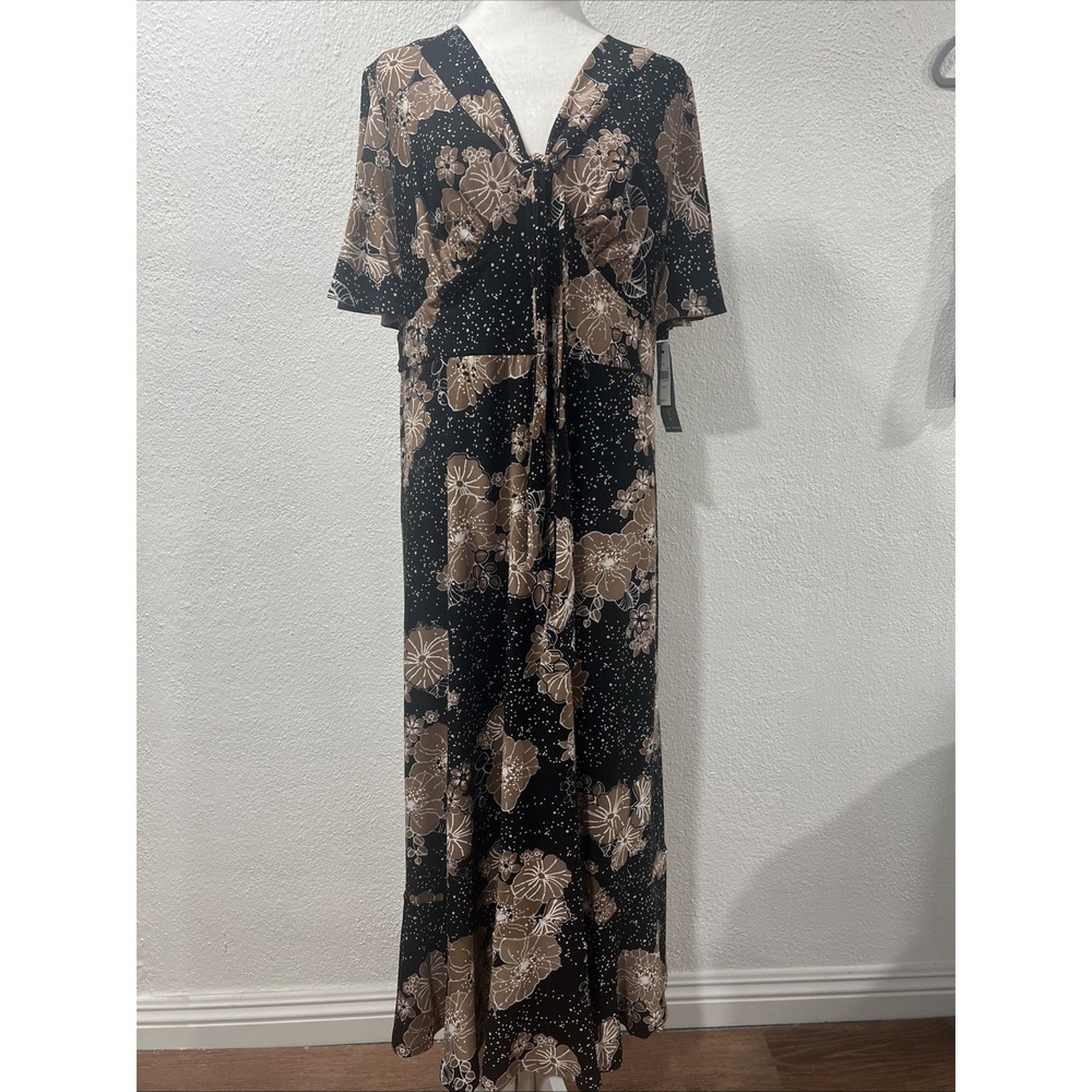 Lane Bryant Black Brown Floral Flutter Sleeve Maxi Dress Tiered Hem Size 14/16